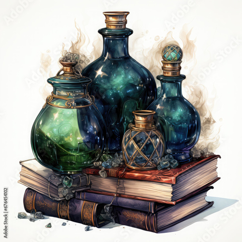 Watercolor Halloween Potion Bottle with Books illustration Generative Ai