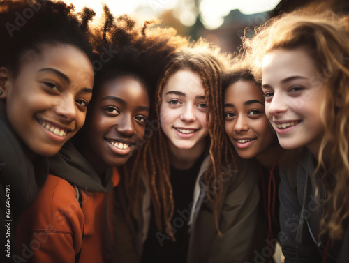 Teenagers of different races, enjoying each other\'s company and demonstrating that friendship transcends cultural and ethnic differences, show that friendship knows no borders
