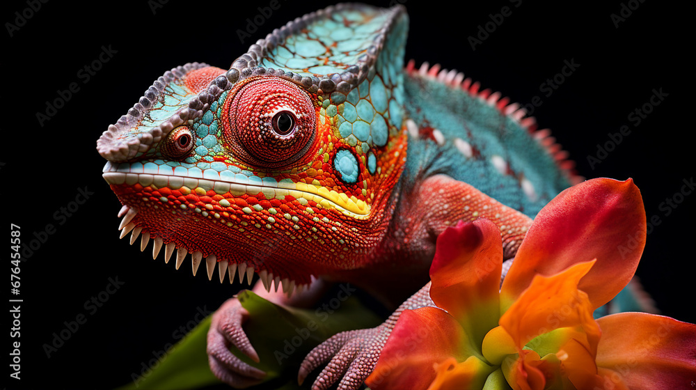 Chameleon on Flower - Colorful Reptile in Nature Close-Up Chameleon on Flower - Colorful Reptile in Nature Close-Up
