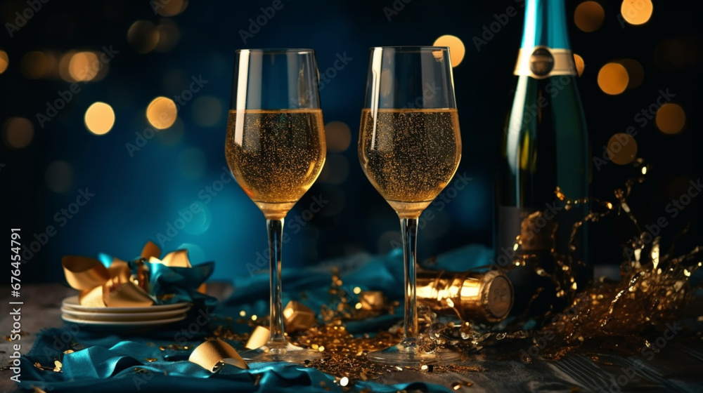 Coupes de champagne et bouteille, célébration et fête. Couleurs bleu, doré, noir. Ambiance festive, nouvel an, anniversaire. Espace vide pour conception et création graphique. - obrazy, fototapety, plakaty 