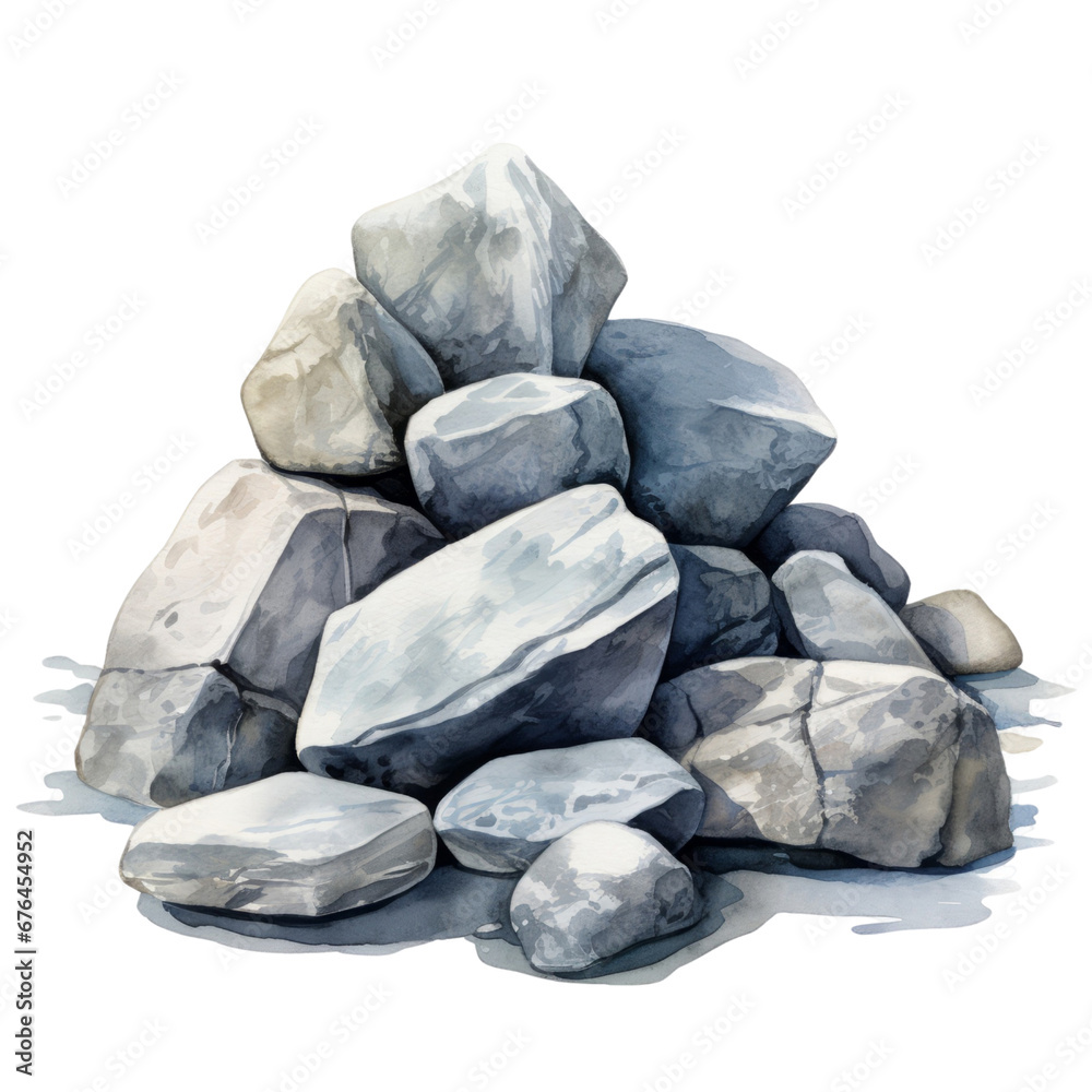 Illustration of watercolor rock and stone. Isolated on a transparent background