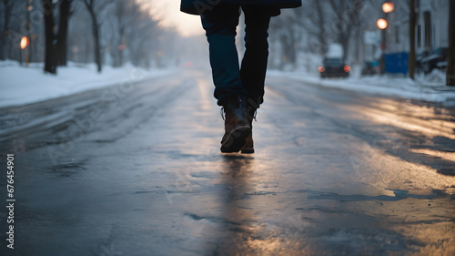 Back view on the feet of a man walking along the icy pavement. Pair of shoe on icy road in winter. generative AI photo