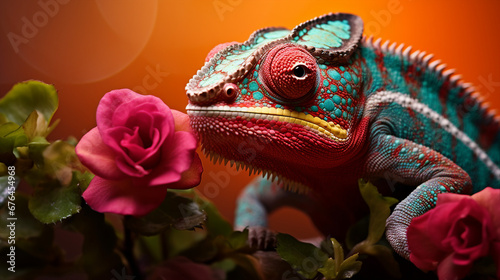Chameleon on Flower - Colorful Reptile in Nature Close-Up © sunanta