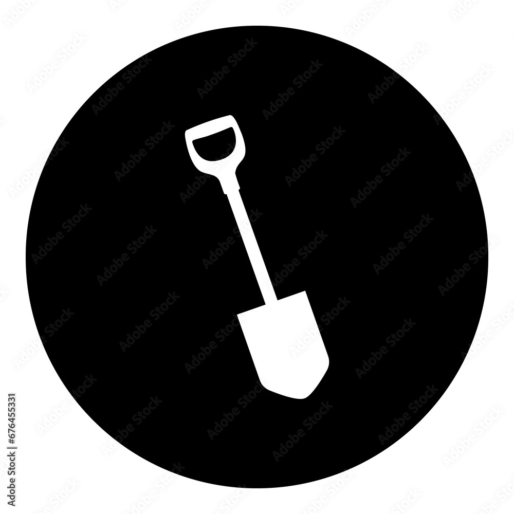 A shovel symbol in the center. Isolated white symbol in black circle. Illustration on transparent background A shovel symbol in the center. Isolated white symbol in black circle. Illustration on transparent background