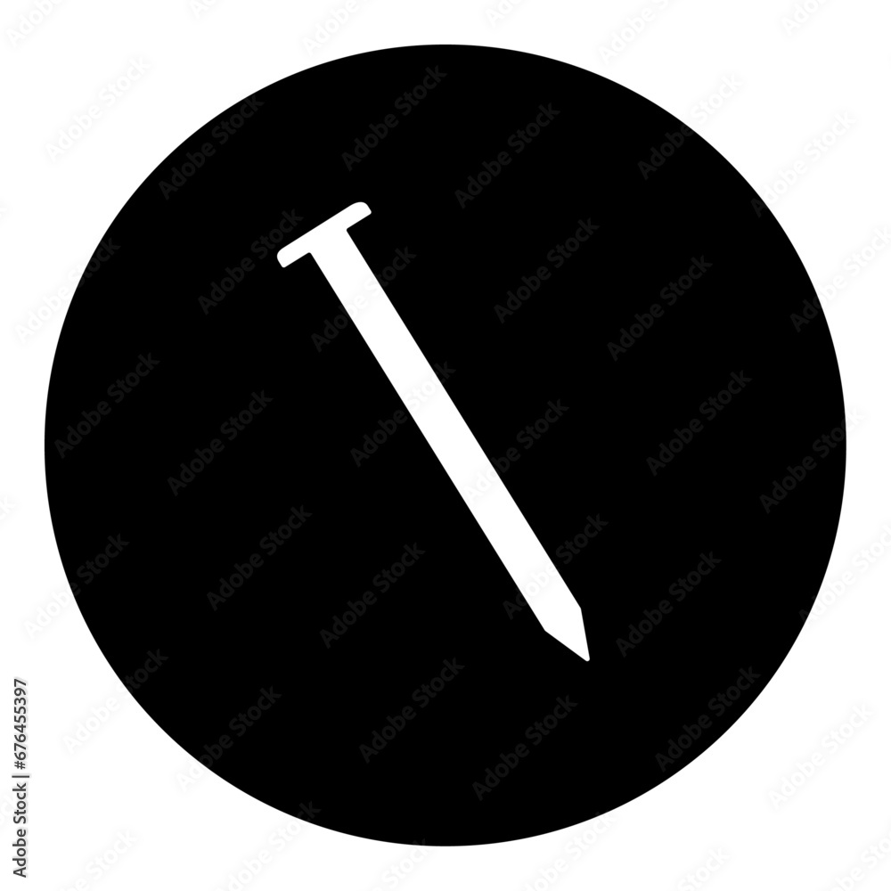 A metal nail symbol in the center. Isolated white symbol in black circle. Vector illustration on white background A metal nail symbol in the center. Isolated white symbol in black circle. Vector illustration on white background