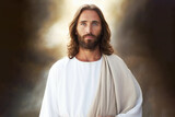 Jesus Christ with long hair and beard in white robe.
