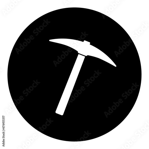 A pickaxe symbol in the center. Isolated white symbol in black circle. Vector illustration on white background