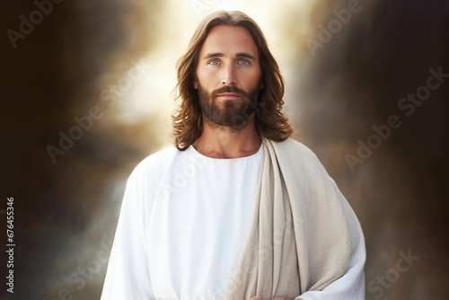 Jesus Christ with long hair and beard in white robe. photo