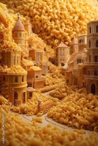 Futuristic image of a city made of pasta, noodles