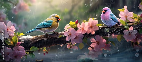 In the background of a lush green garden beautiful floral arrangements adorned with vibrant colors of spring flowers added to the natural beauty The cute and colorful birds happily chirped a © TheWaterMeloonProjec