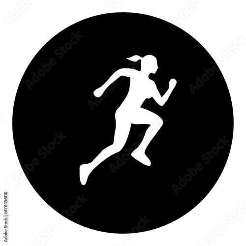 A running woman symbol in the center. Isolated white symbol in black circle. Vector illustration on white background