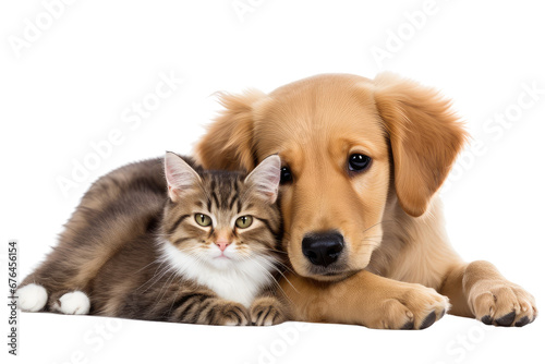 Cute puppy and kitty cuddle on a transparent background  capturing the essence of innocence and joy in their playful bond. conveying the love between pets  adding charm and sweetness to your designs.