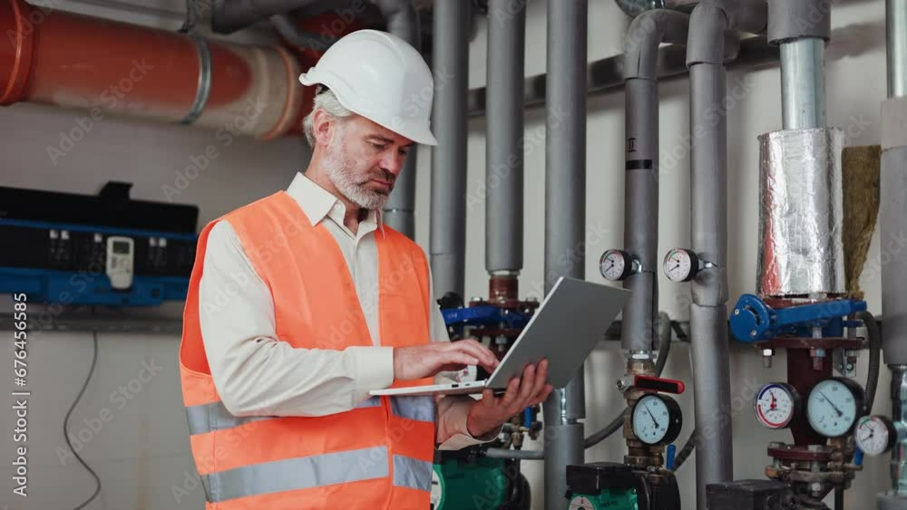 Experienced caucasian architect standing with modern computer during workday at plant. Respected mature specialist in protective helmet looking friendly while making log in on wireless device. Experienced caucasian architect standing with modern computer during workday at plant. Respected mature specialist in protective helmet looking friendly while making log in on wireless device.