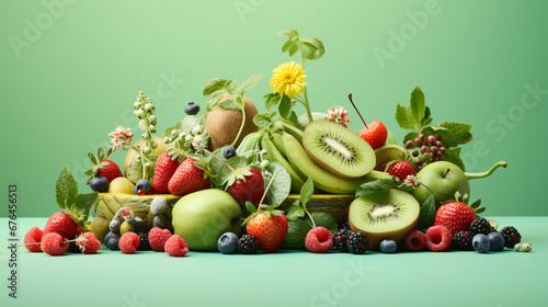 mixed berries  bananas  and kiwis on a soft mint green background  ensuring a visually appealing and cheerful backdrop with plenty of open space