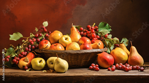 autumn fruits like apples and pears  elegantly arranged on a muted terracotta background  ensuring a cozy and seasonal visual appeal with expansive open space