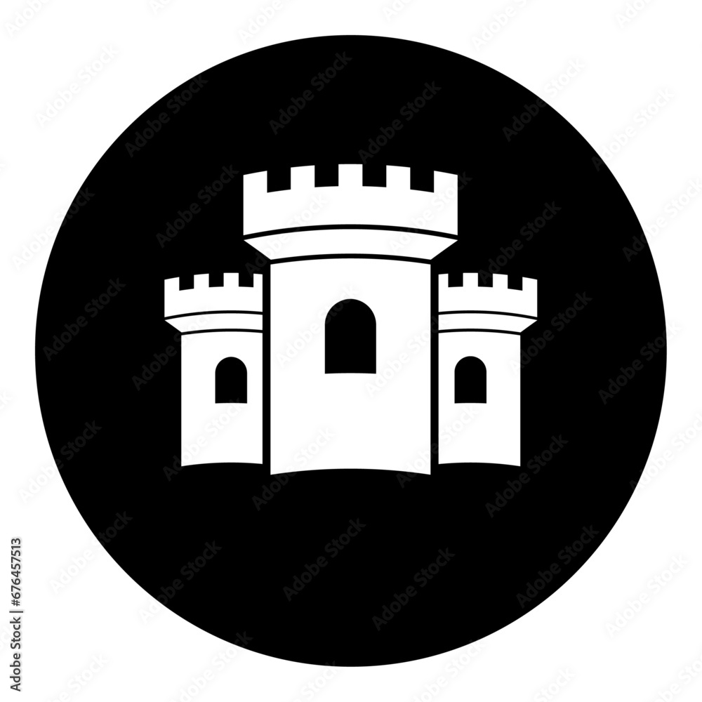 A castle symbol in the center. Isolated white symbol in black circle. Vector illustration on white background