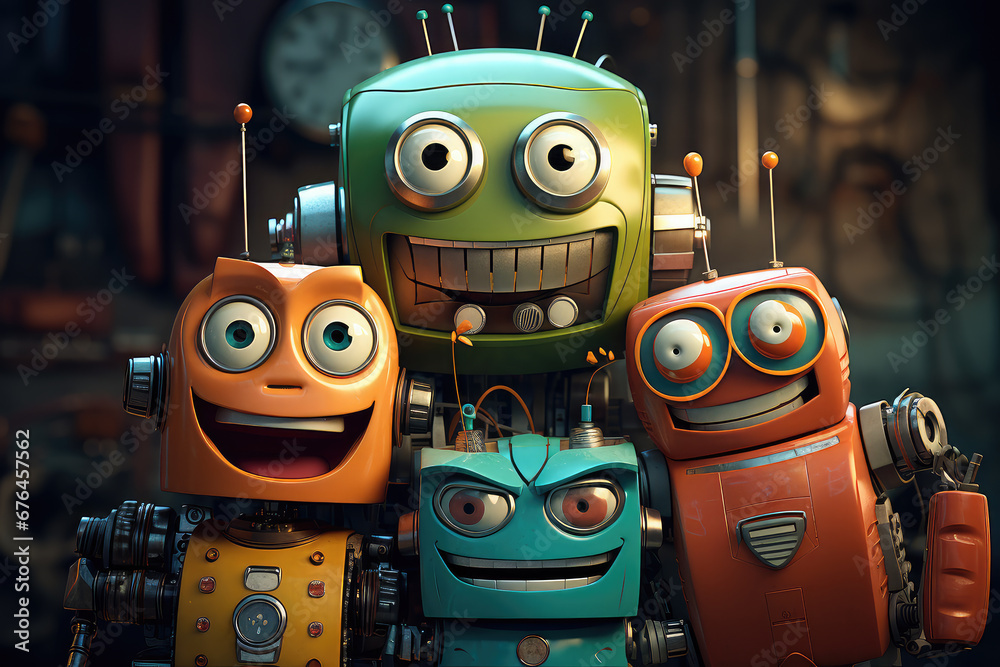 Happy robot family hugging. Witness the love and unity between robotic parents and children, futuristic technology. Perfect for conveying the joy of innovation in your creative projects. Happy robot family hugging. Witness the love and unity between robotic parents and children, futuristic technology. Perfect for conveying the joy of innovation in your creative projects.