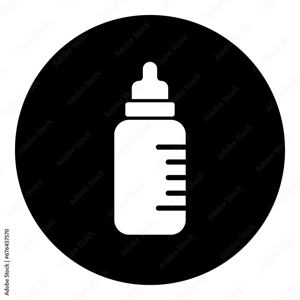 A feeding bottle symbol in the center. Isolated white symbol in black circle. Illustration on transparent background A feeding bottle symbol in the center. Isolated white symbol in black circle. Illustration on transparent background