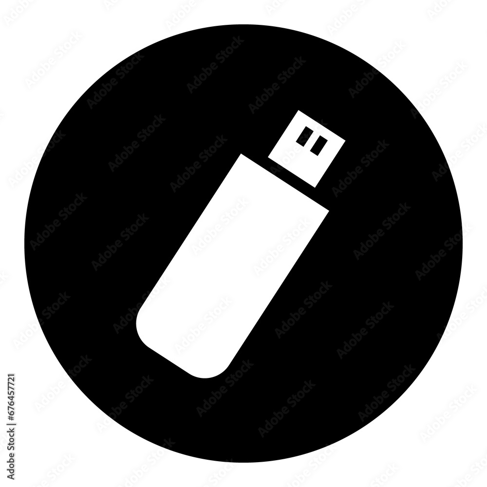 A flash drive in the center. Isolated white symbol in black circle. Illustration on transparent background A flash drive in the center. Isolated white symbol in black circle. Illustration on transparent background
