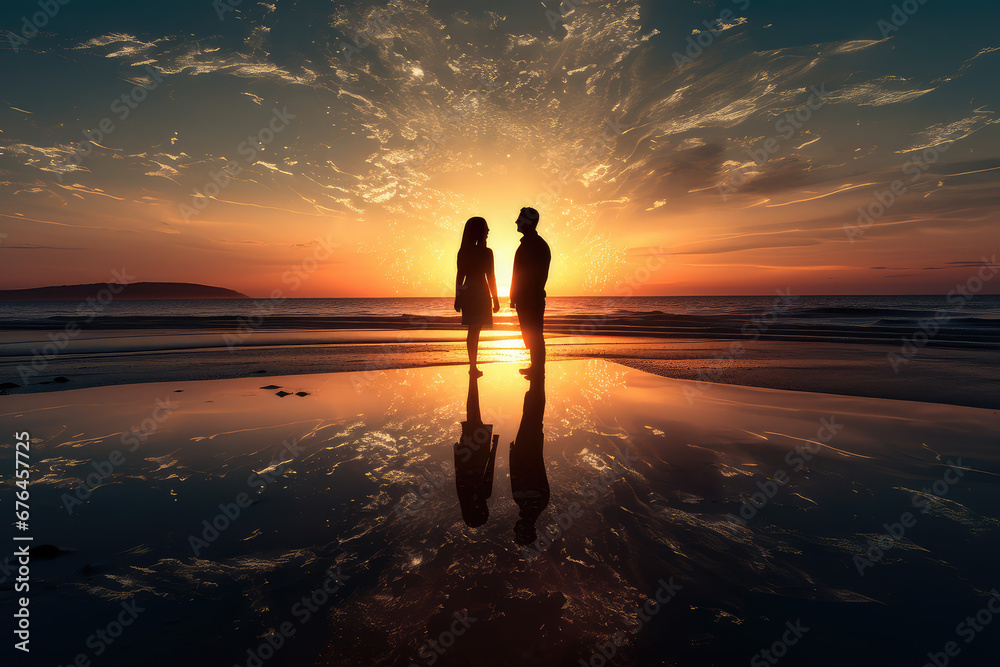 Romantic beach sunset silhouette. A couple in perfect harmony against the idyllic seascape, a peaceful and intimate moment by the ocean at dusk. - obrazy, fototapety, plakaty 