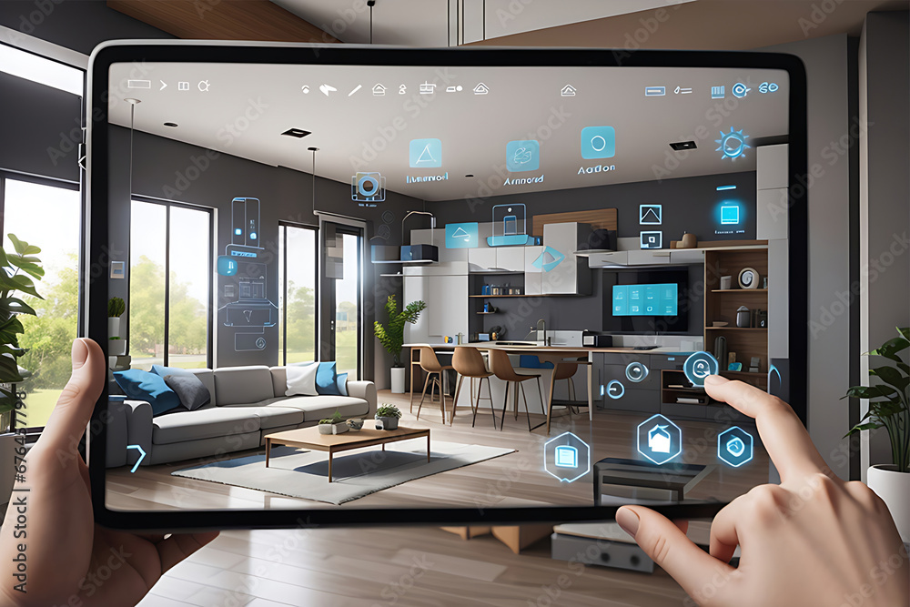A smart home uses modern technology control with a smartphone, including the Internet of things to feature various connected devices - obrazy, fototapety, plakaty 