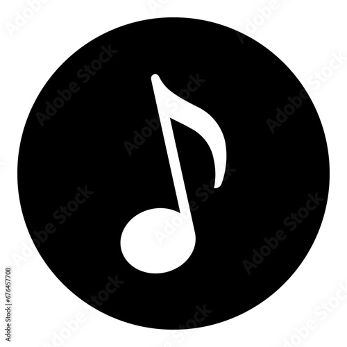 A musical note symbol in the center. Isolated white symbol in black circle. Illustration on transparent background