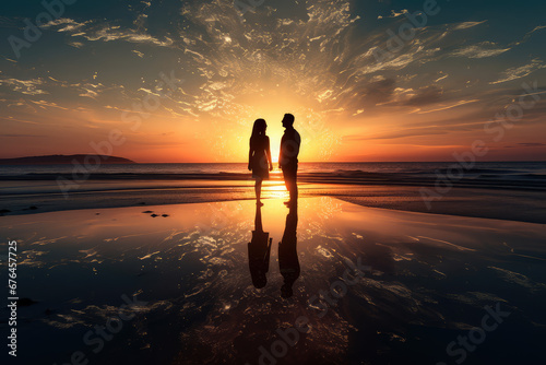 Romantic beach sunset silhouette. A couple in perfect harmony against the idyllic seascape, a peaceful and intimate moment by the ocean at dusk.