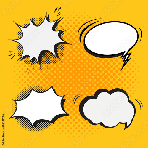 Set of of four banner Sale off bubble, banner, Yellow flash sale design in comic style and element with black halftone shadow on yellow background