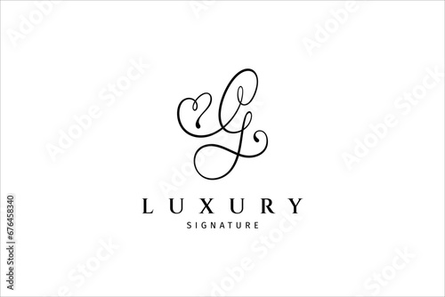 Letter G handwritten logo template with love or heart shape decoration. Initial signature vector