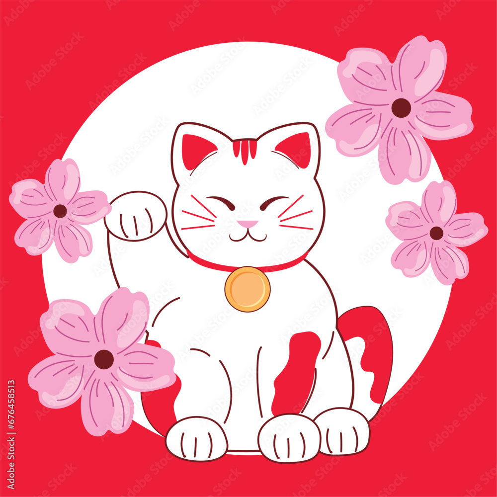 Isolated traditional japanese cat with flowers Japan Vector