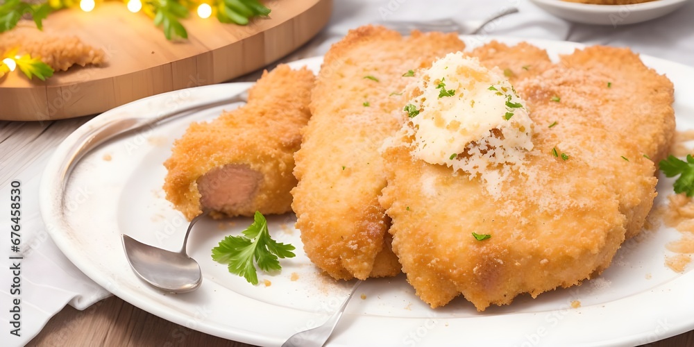 Costoletta alla Milanese: An Italian dish, veal cutlet is coated in breadcrumbs and fried in butter, tender veal meat with a crunchy coating on the wooden table, Bokeh lights background, copy space