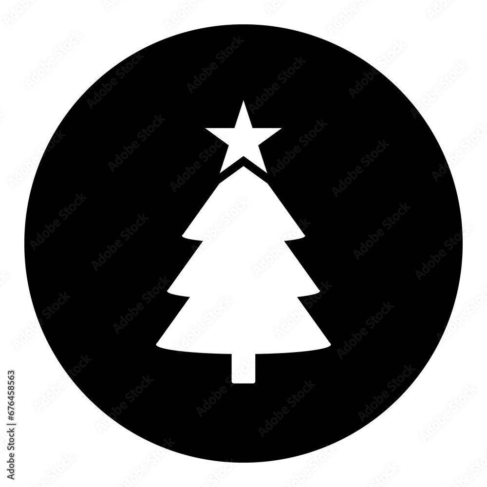 A Christmas tree in the center. Isolated white symbol in black circle. Illustration on transparent background A Christmas tree in the center. Isolated white symbol in black circle. Illustration on transparent background
