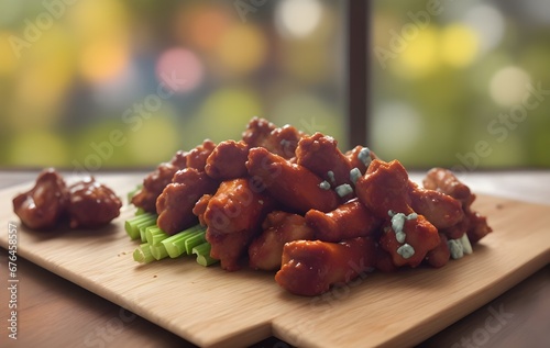 Buffalo wings, with popularising chicken wings spicy and refreshing, Unbreaded chicken drumsticks, doused in cayenne pepper sauce, side of blue cheese dressing and celery sticks on the wooden table photo