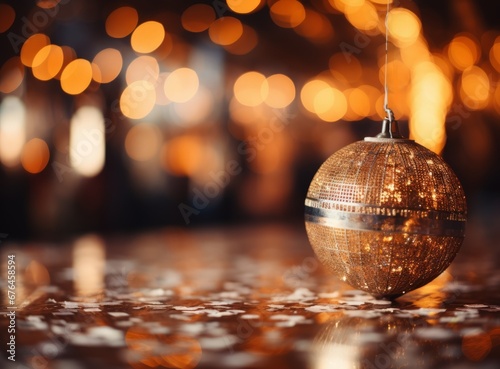 Beautiful Christmas toy with sparkles inside. Golden festive ball with blurred bokeh in the background. Concept for New Year or Christmas card, invitation with copy space for text.