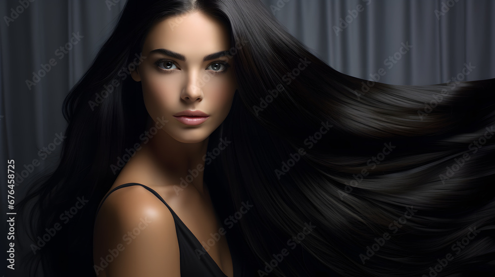 Beautiful young woman with a black shiny and long hair in a grey silk background with space for text. Haircare and hairdresser concept Beautiful young woman with a black shiny and long hair in a grey silk background with space for text. Haircare and hairdresser concept