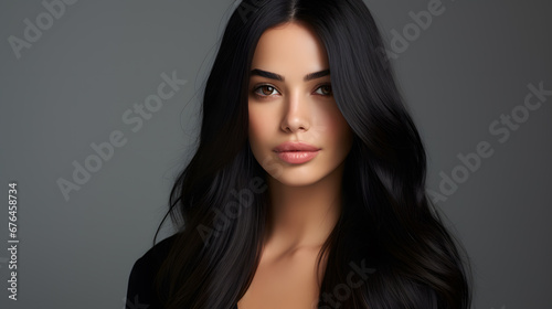 Banner of a gorgeous black hair woman on a black background with space for text. Haircare and beauty concept. 