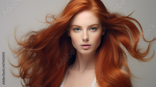 Young red hair woman with shiny healthy hair. Hair care and beauty products. Empty space for text