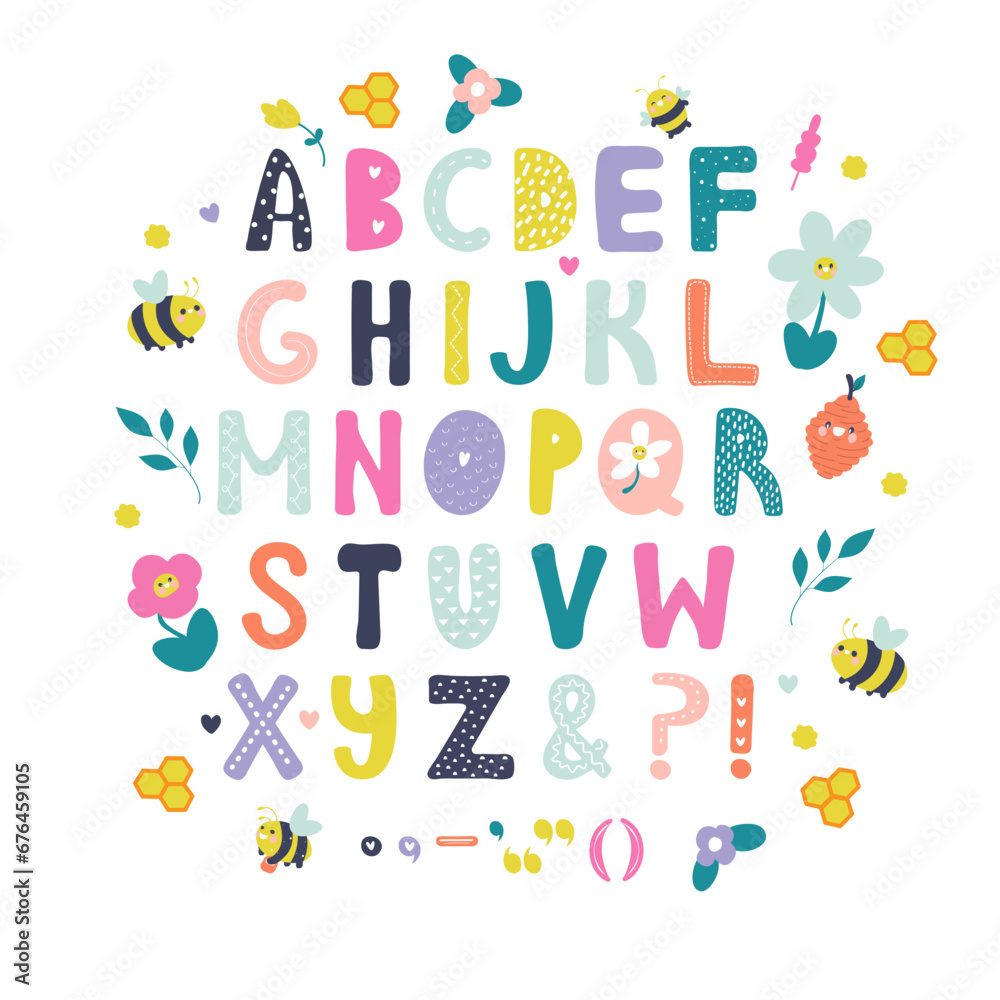 Colorful kids ABC, playful illustration with vibrant colours, bee, flowers in kawaii styles, wall decor