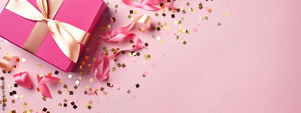 Pink gift box template with confetti, top view. Xmas decorative objects. Sale banner, surprise poster, flyer, brochure. mock up holiday. Celebrate birthday day, anniversary, wedding, Valentine's Day