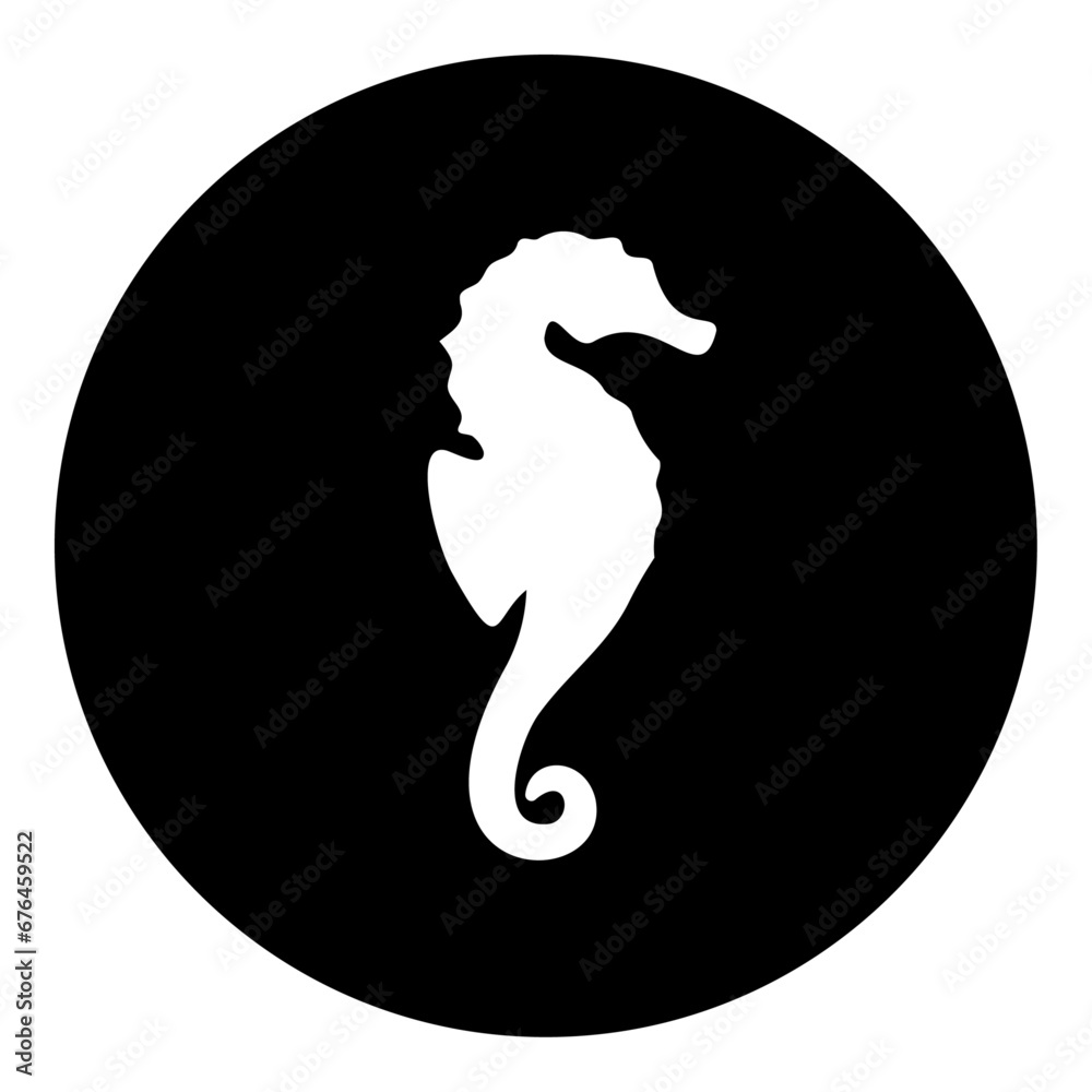 A sea horse symbol in the center. Isolated white symbol in black circle. Vector illustration on white background A sea horse symbol in the center. Isolated white symbol in black circle. Vector illustration on white background
