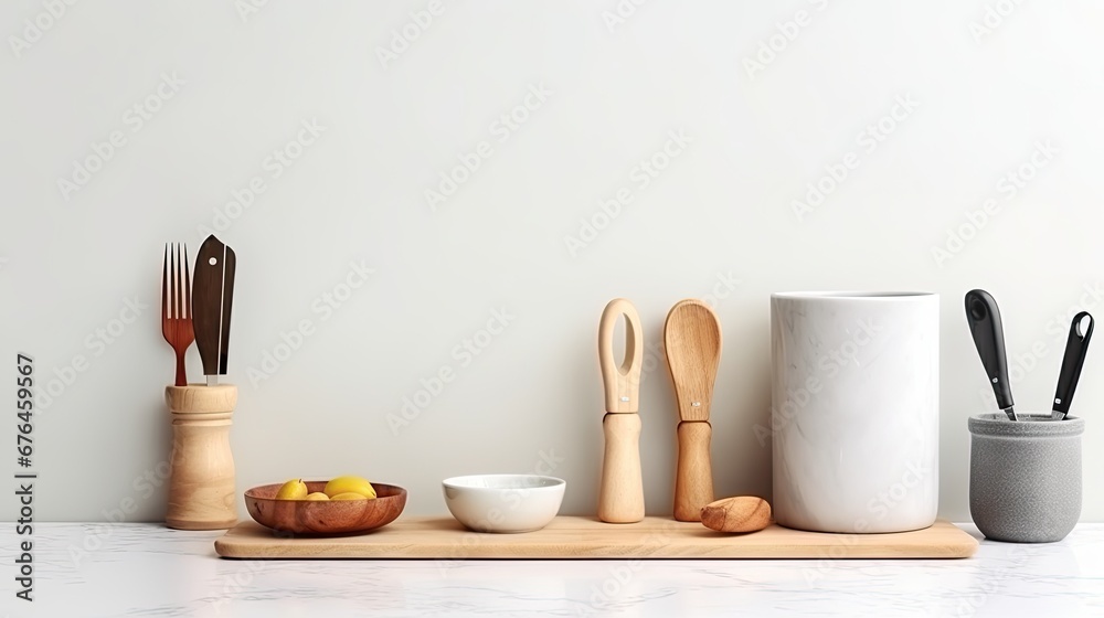 Stylish kitchen tools and utensils neatly arranged on a countertop, minimalistic - obrazy, fototapety, plakaty 