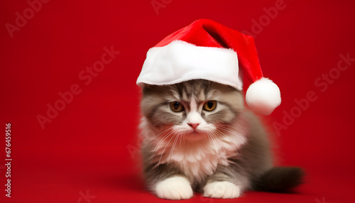 Fluffy adorable little cat with a santa claus hat in a red background. Christmas card. Copy space