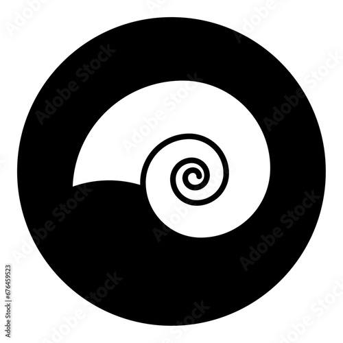 A marine nautilus symbol in the center. Isolated white symbol in black circle. Vector illustration on white background