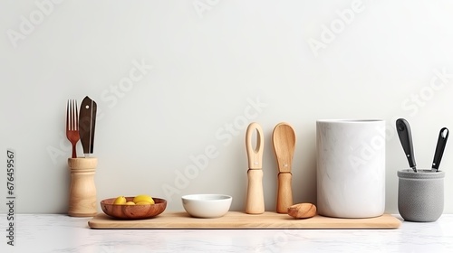 Stylish kitchen tools and utensils neatly arranged on a countertop, minimalistic