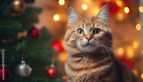 Adorable cat with a christmas tree in the background. Christmas card concept. Holiday mood. Copy space