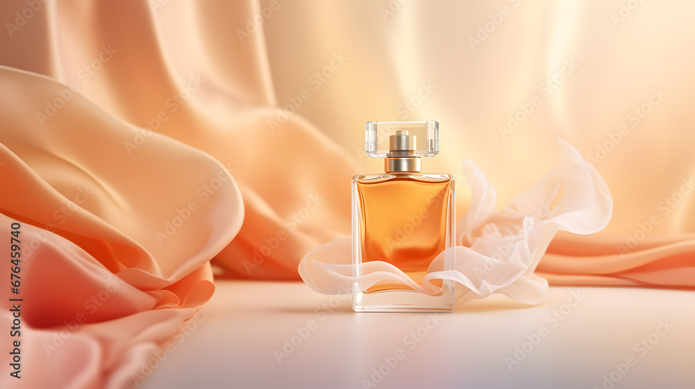 Bottle of perfume on a folded apricot silk fabric. Product mockup with empty space for text. Delicate perfume bottle. - obrazy, fototapety, plakaty 