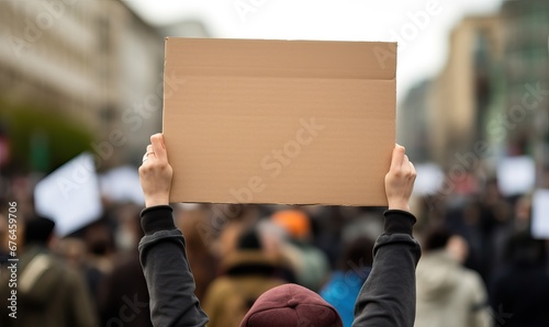 Protestors on the street holding blank cardboard banner sign. Global strike for change, A political activist protesting holding a blank placard sign banner at a protest, crowd on the street