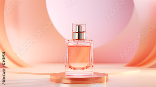 Beautiful and delicate Orange Perfume bottle on a abstract background. Mockup product presentation. Copy space 