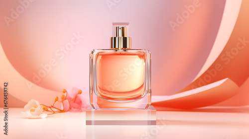 Orange Perfume bottle on a abstract background. Mockup product presentation. Copy space 