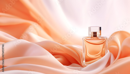 Beautiful apricot Perfume bottle on a orange silk fabric background, mockup for product presentation. Copy space